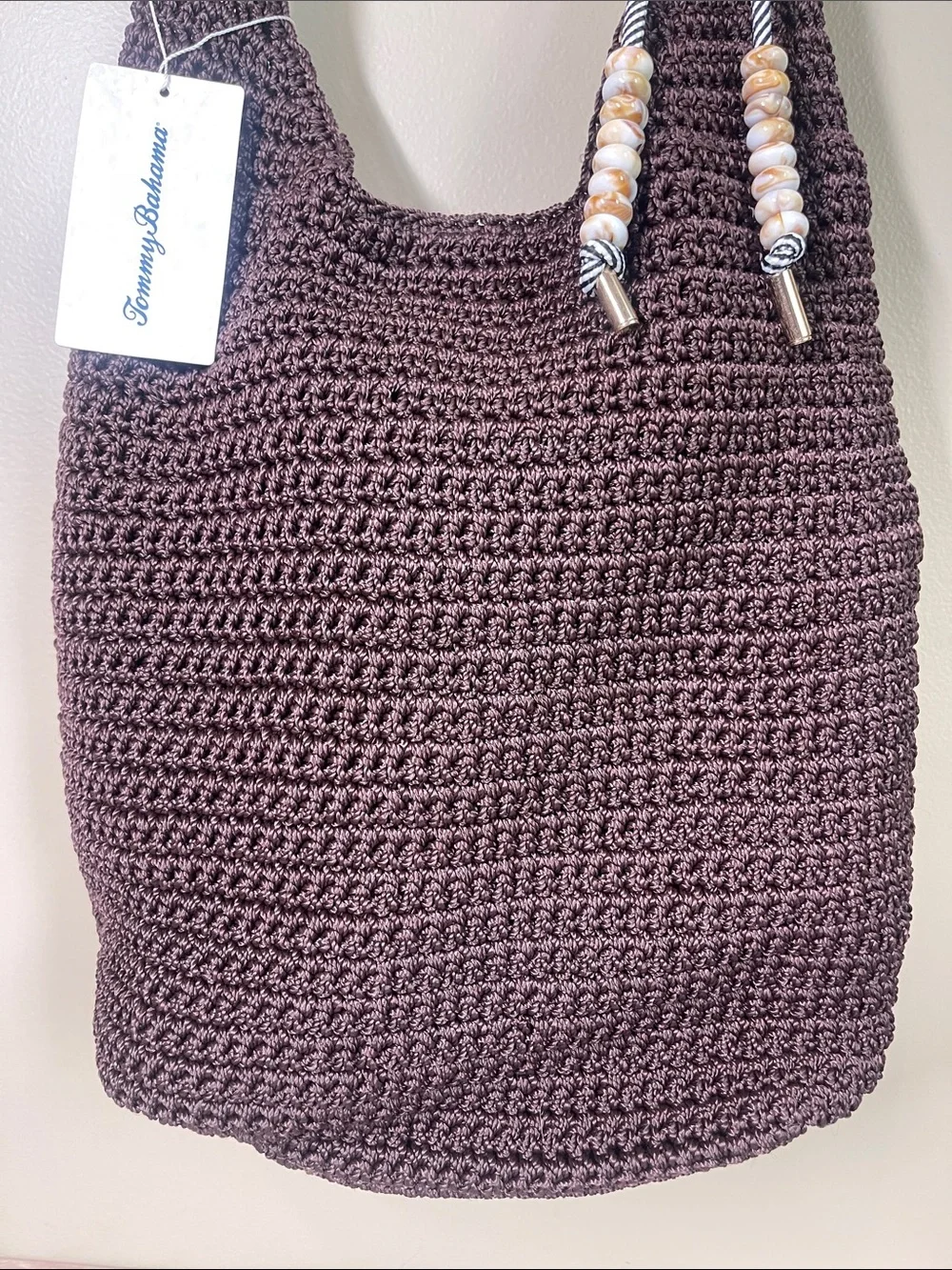 Tommy Bahama Dark Brown Crochet Shoulder Bag with Beaded accent charm - Picture 3 of 9